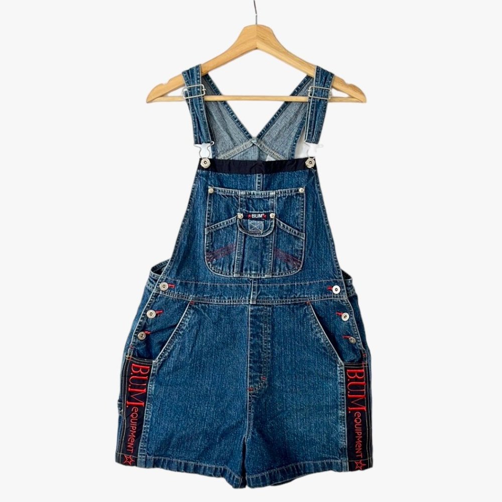 90s Vintage B.U.M. Equipment Dark Wash Logo Patch Overall Utility Shorts Size M